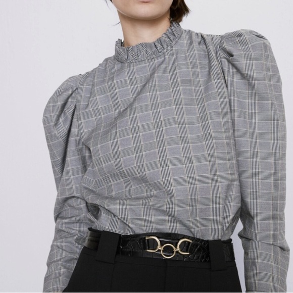 Zara Glen Plaid Black and White Ruffle Neck Keyhole Closure Long Sleeves Blouse. - Picture 1 of 6